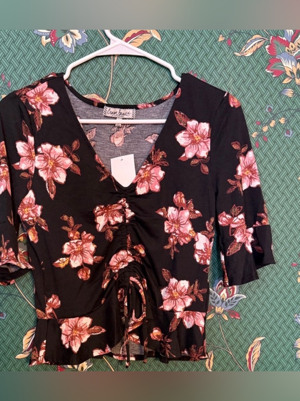 Craved Framed Black Floral V-Neck Women's Top